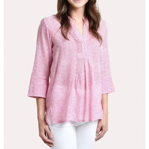 Oliphant Pintuck Tunic Blouse Womens L Pink & White Geometric Pattern 3/4 Sleeve - Picture 1 of 12